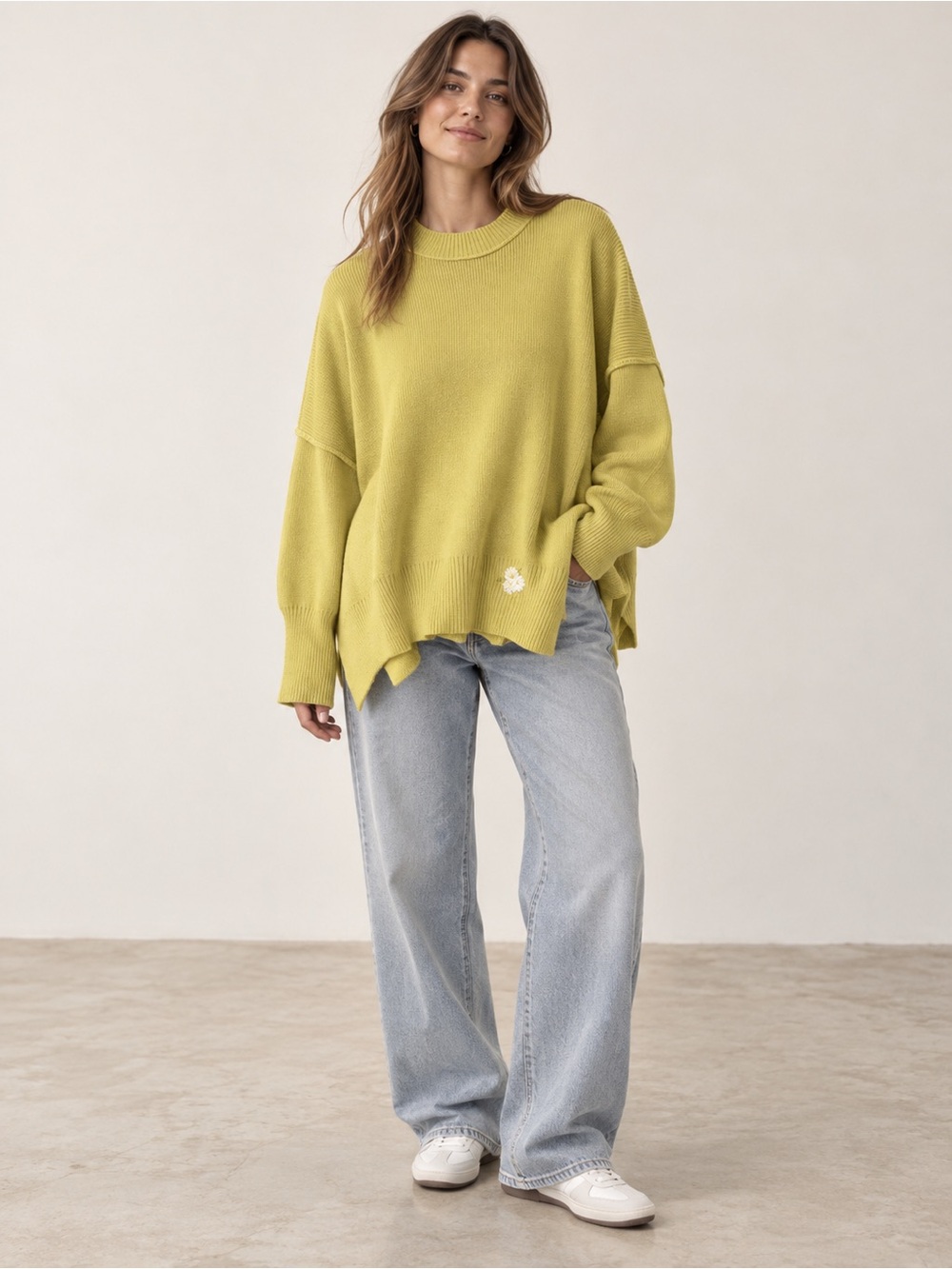 UPCYCLED Free People Oversized Crewneck Sweater in Chartreuse Yellow-Green | S